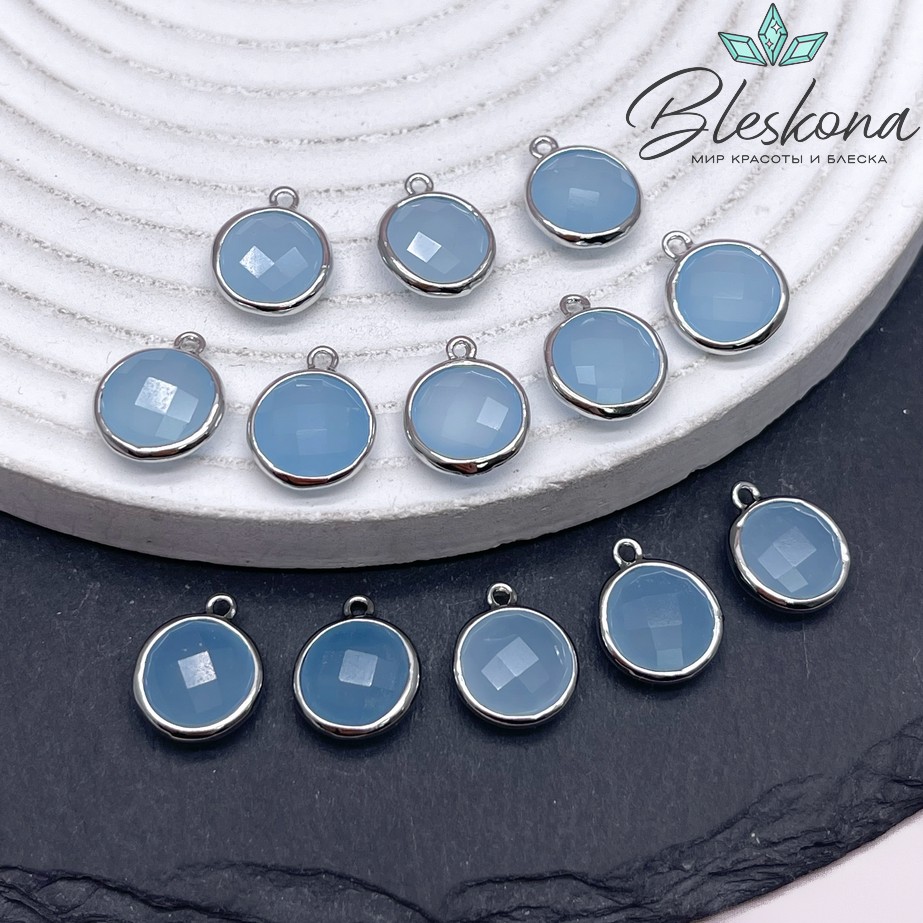10,5мм, цвет серебро ,Подвеска круг мини Кварц тонированный голубой  огранка