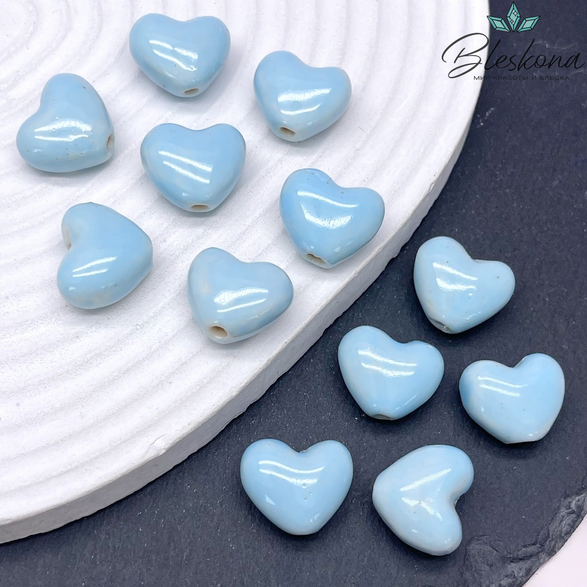14*16,5 мм Бусина сердце плоское, керамика цвет голубой
