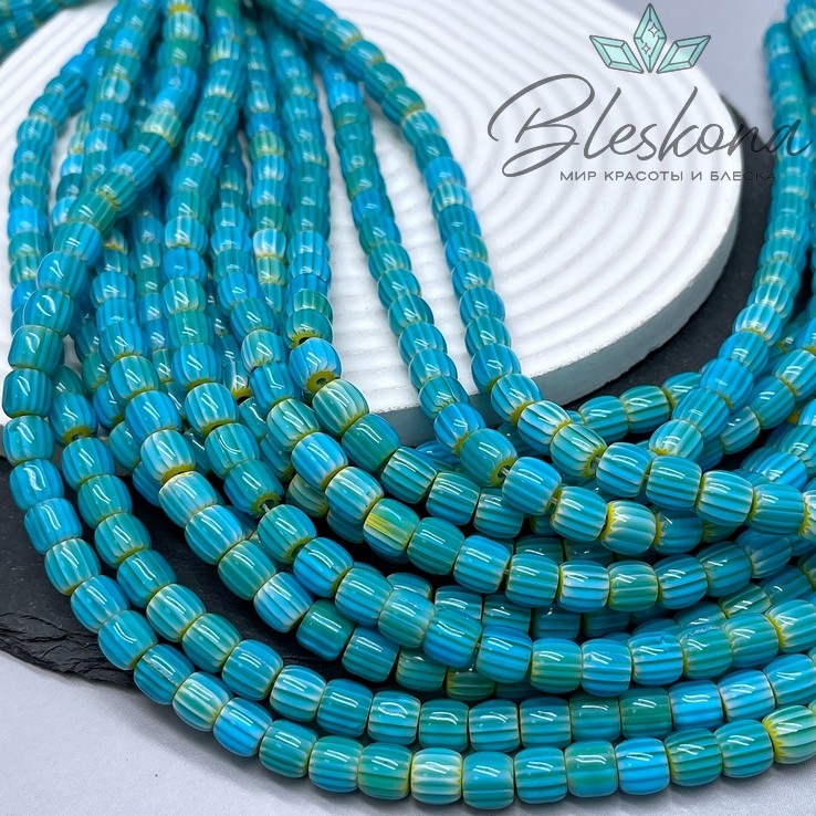 Муранское стекло бочата желто- голубые, полосы 7*8 мм