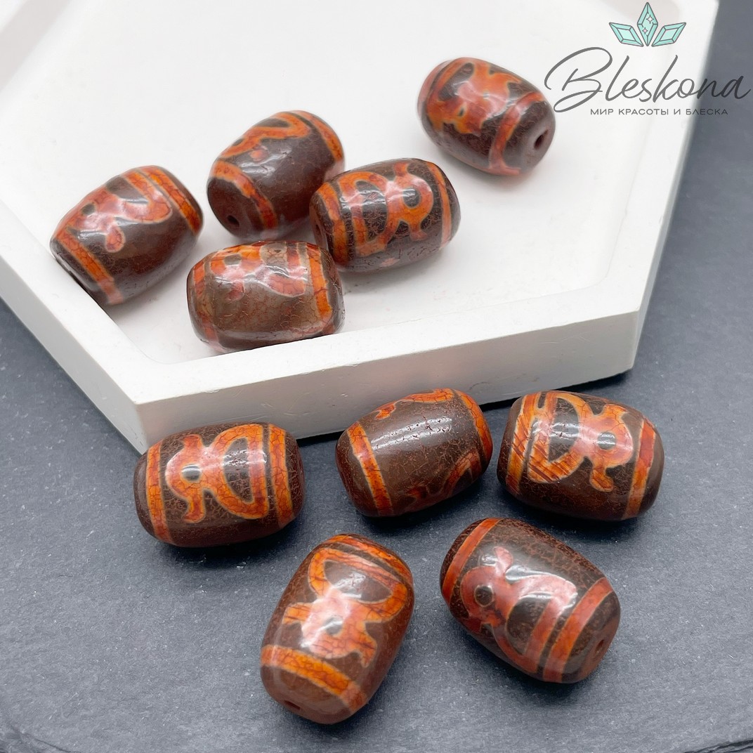 Бусина Дзи Кубера красно-коричневый бочонок 18*14 мм