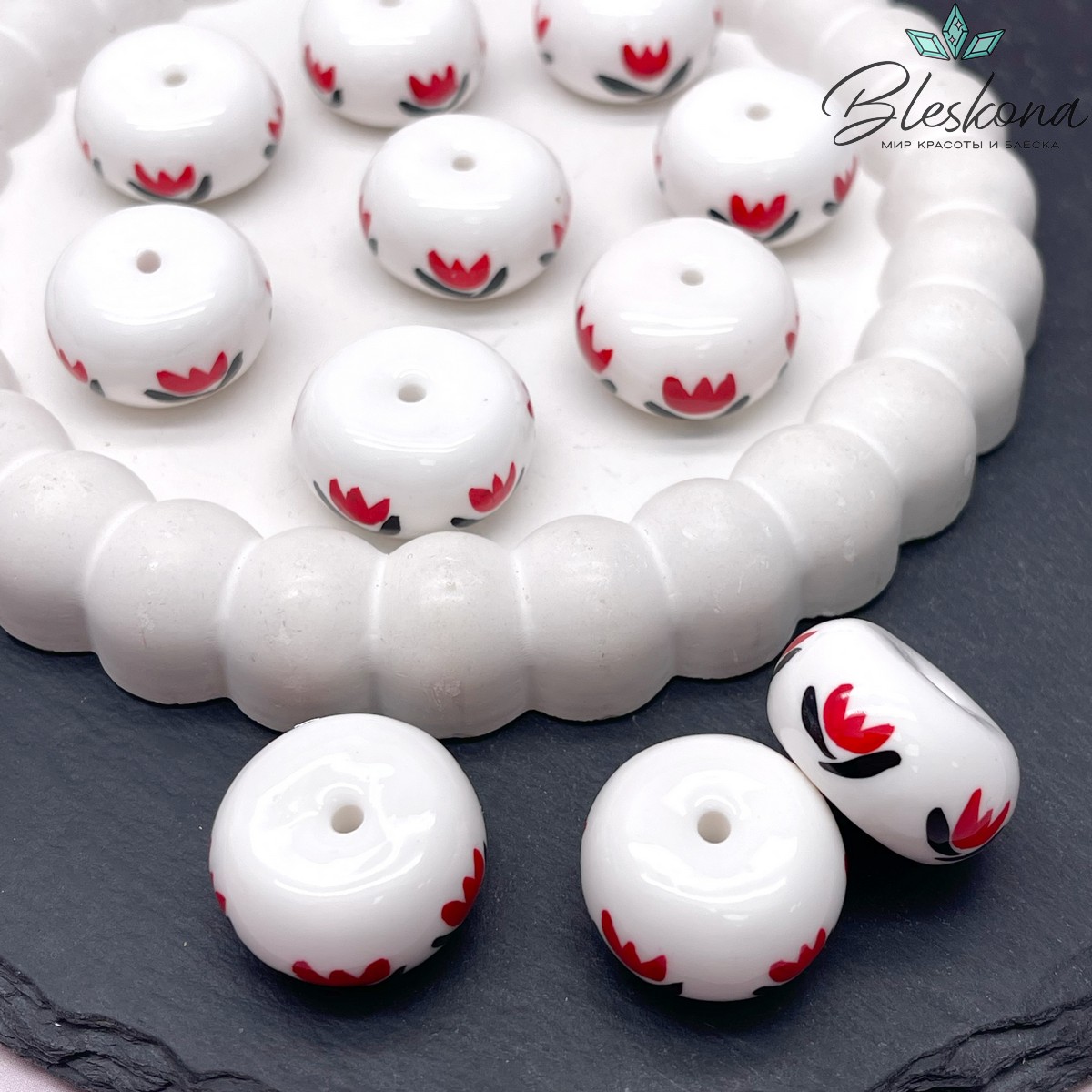 14*23 мм Бусина Бублик белый тюльпаны Этно