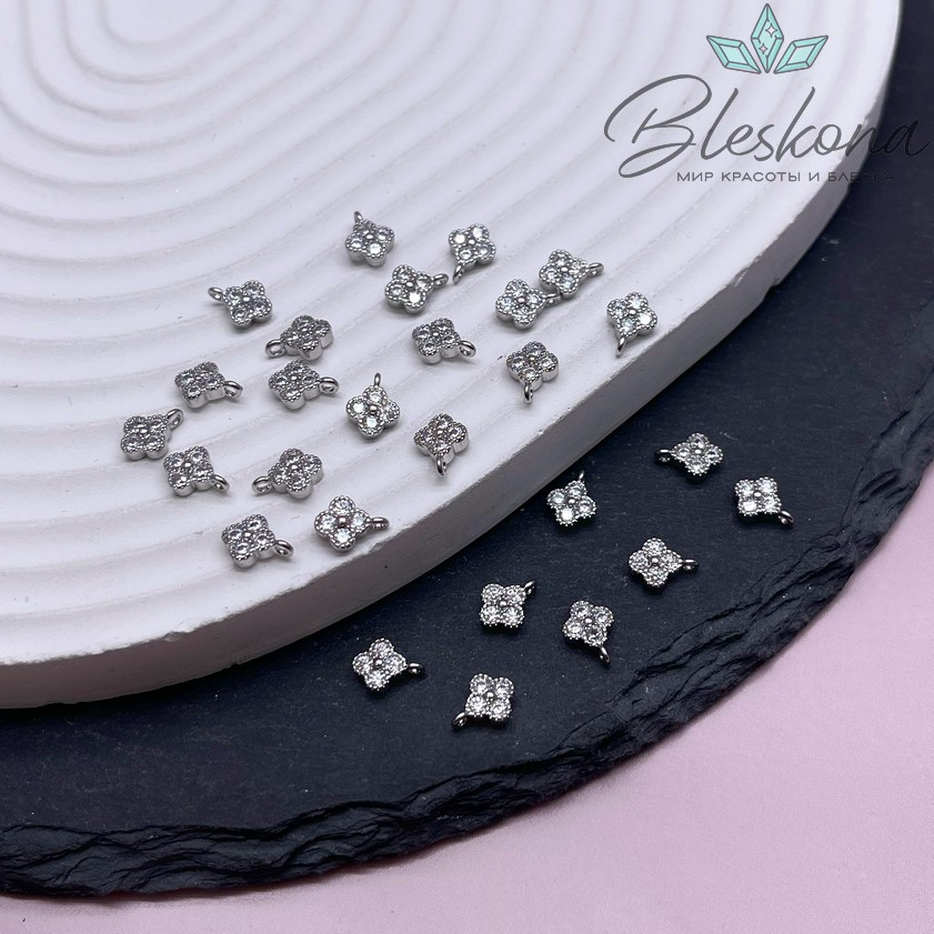 7,5*5 мм Цвет серебро, Подвеска мини клевер циркон