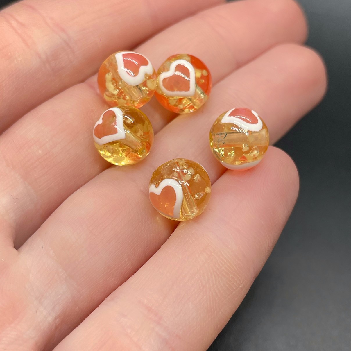 10 мм, Стекло бусина шар желтое розовое сердце уп.5шт