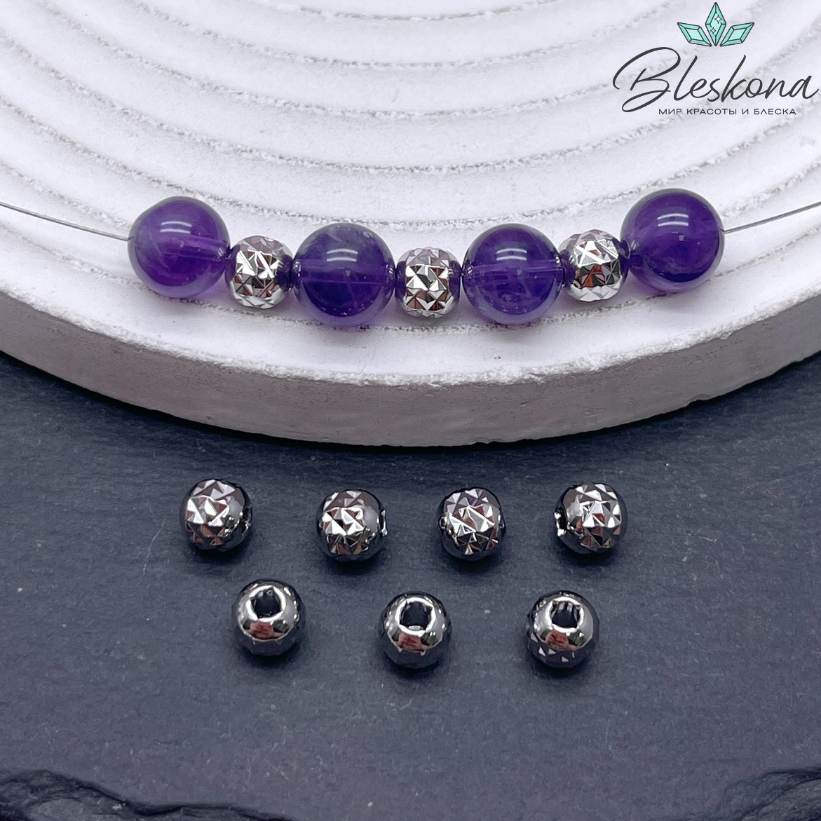 6 мм Цвет серебро, Бусина грани