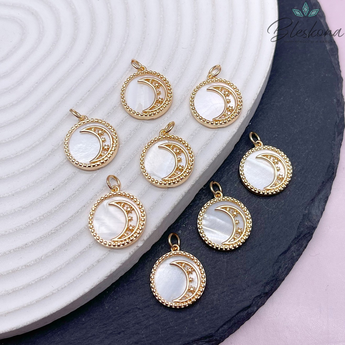 15,7мм, Цвет золото, Подвеска луна звезды белый перламутр 