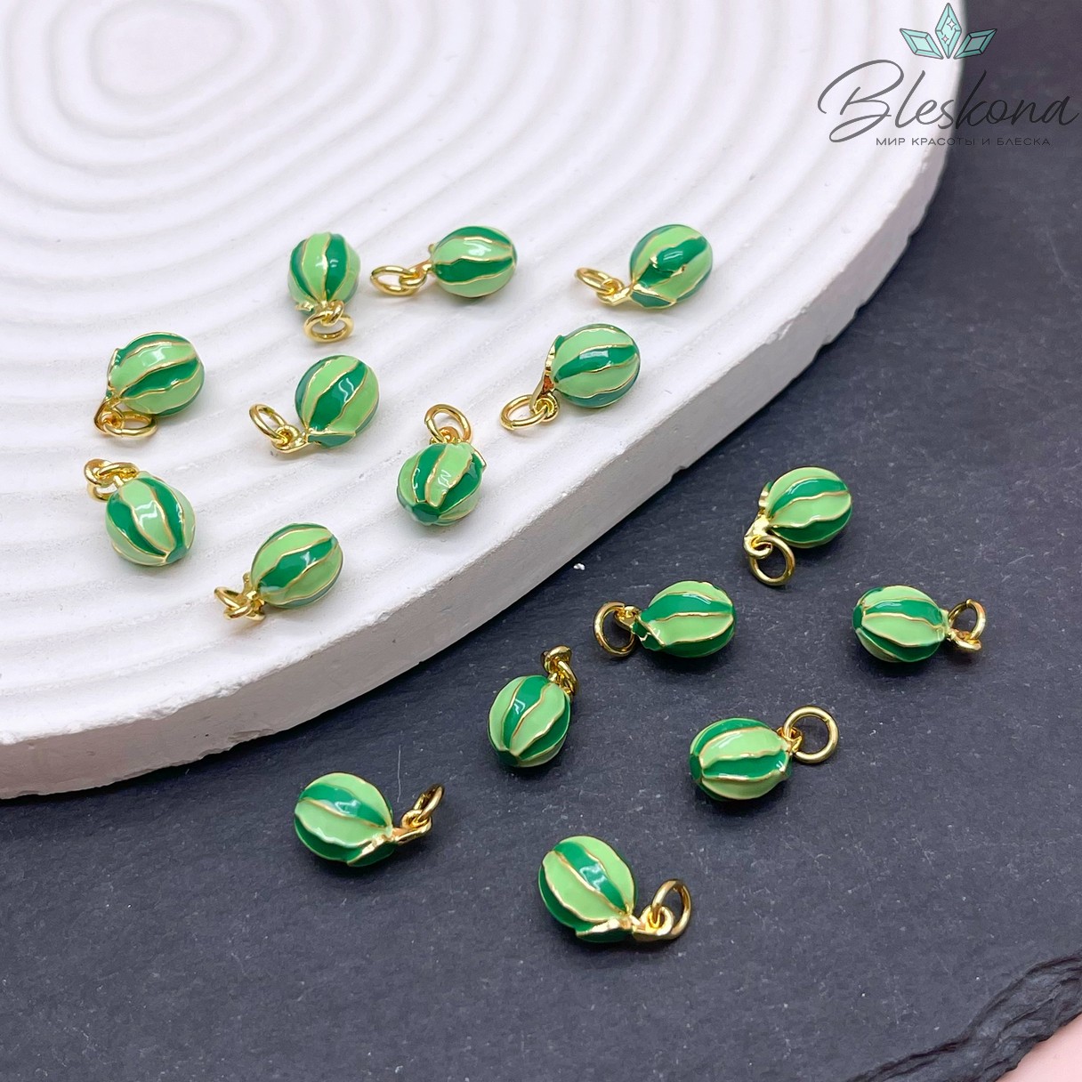 12*7 мм, Цвет золото, Подвеска Арбуз зеленая эмаль