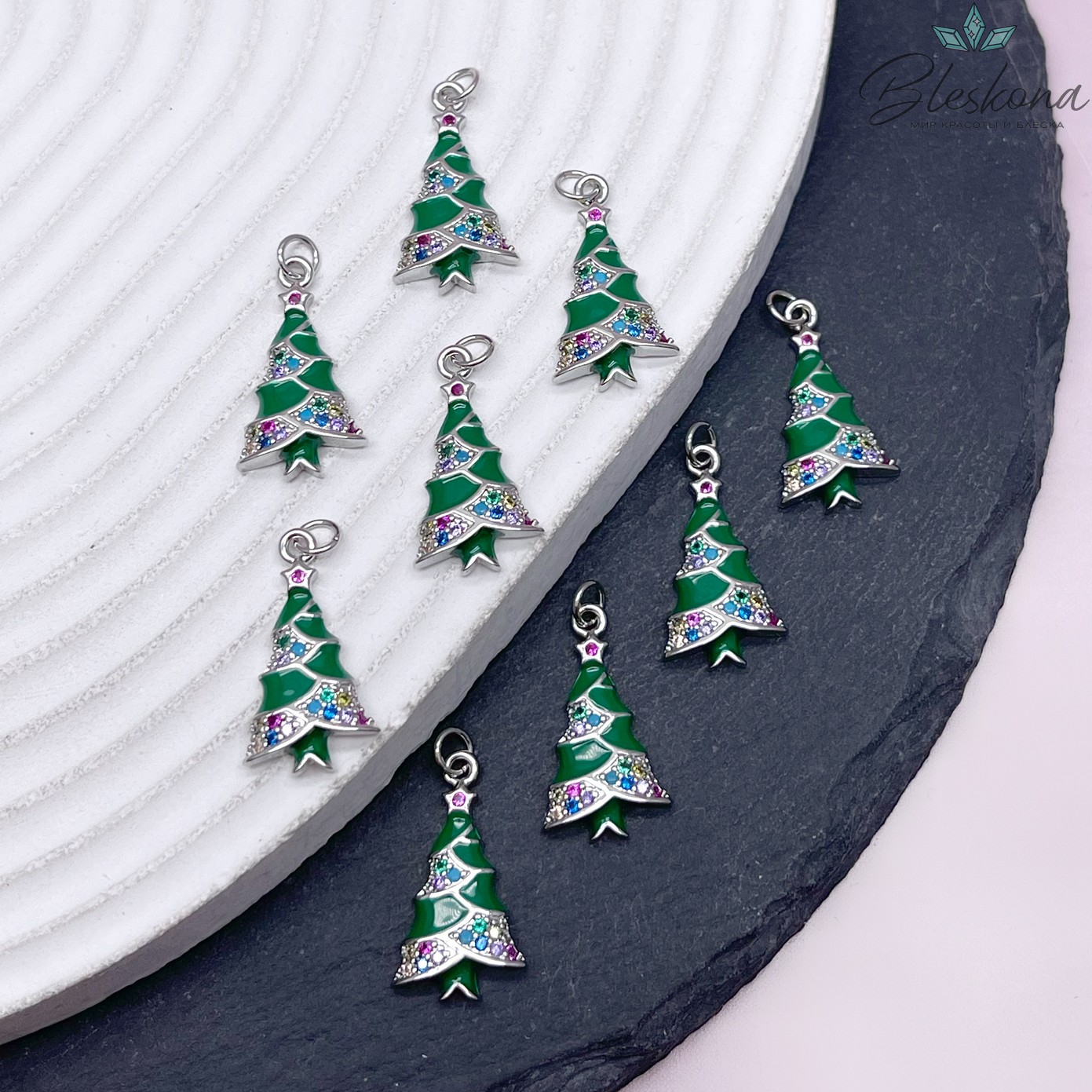 20*10 мм, Цвет серебро, Подвеска Елка цирконы зеленая эмаль