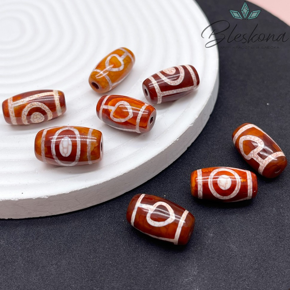 Бусина Дзи 1 глаз бело-коричневый бочонок 20*11 мм