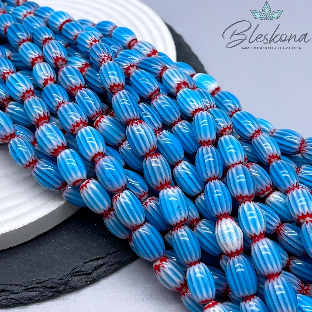 Муранское стекло бочата красно- голубые, полосы 14*10 мм