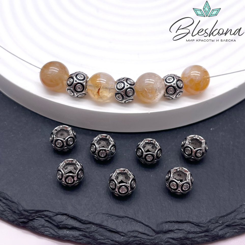 7*9 мм Цвет серебро, Бусина бочонок круги цирконы черная эмаль