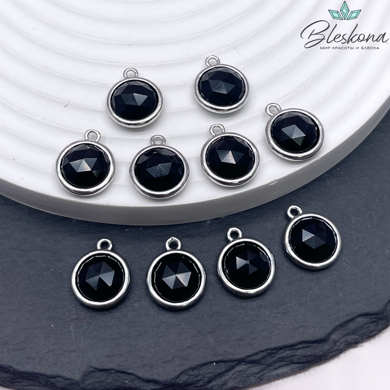 11,5мм, цвет серебро ,Подвеска круг мини Черный агат огранка