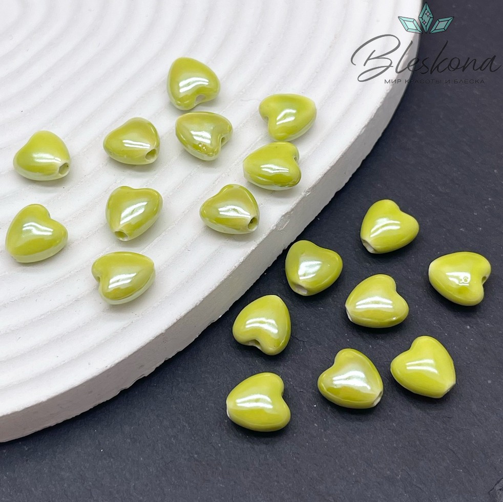 10 мм Бусина сердце, керамика цвет ярко- салатовый