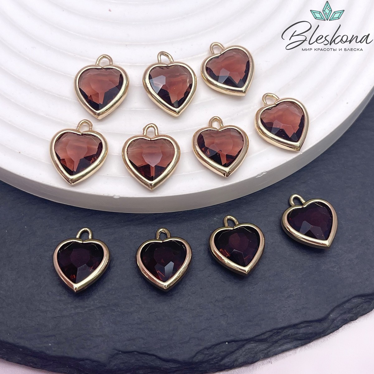 12 мм, Цвет золото, Подвеска сердце стекло бордо