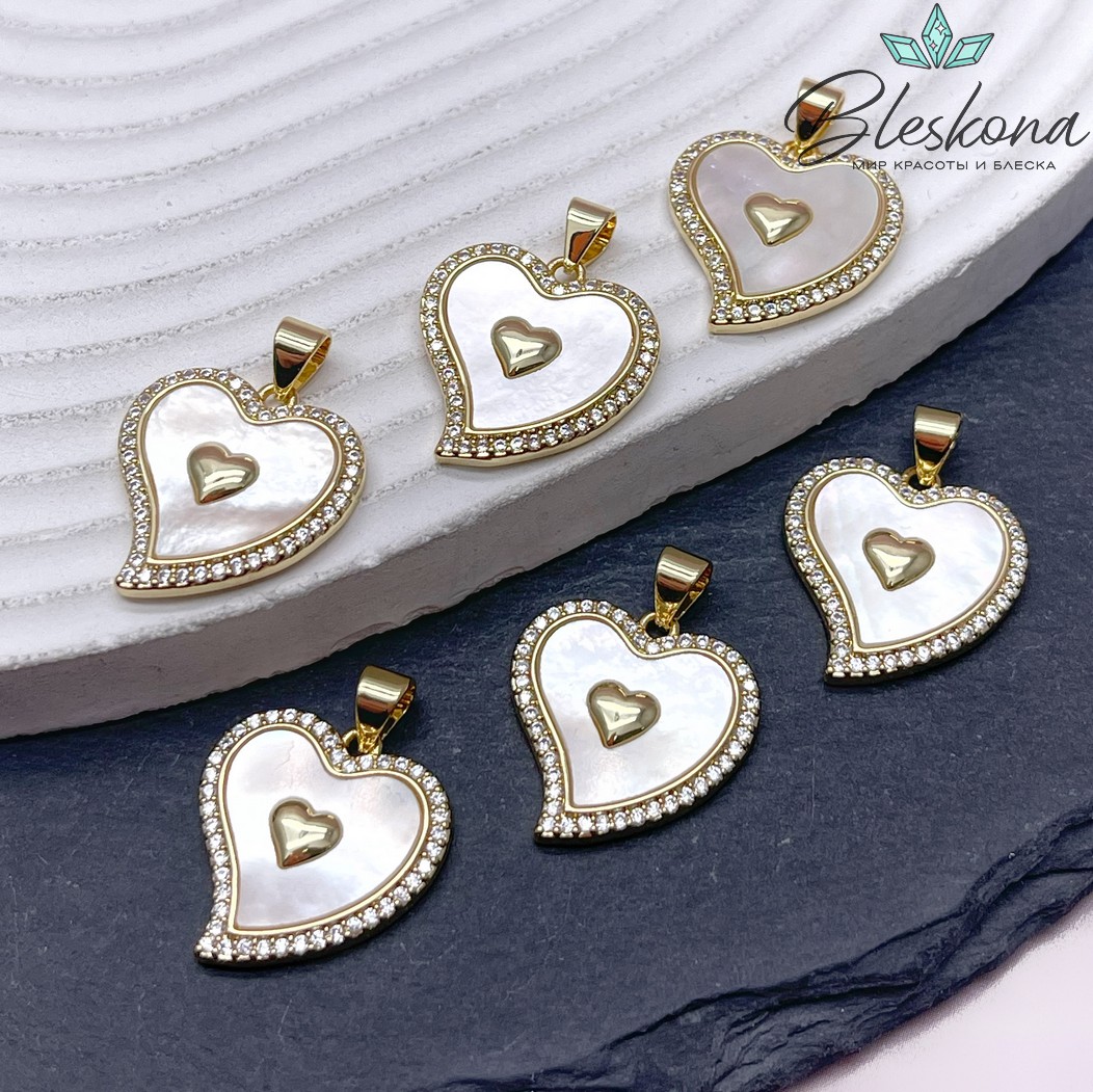 19,5*18 мм Цвет золото, Подвеска Сердце белый перламутр с цирконами