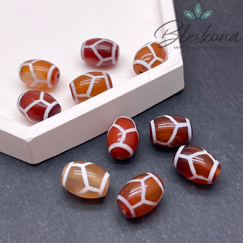 Бусина Дзи Черепаха бело-коричневый бочонок 10*14 мм