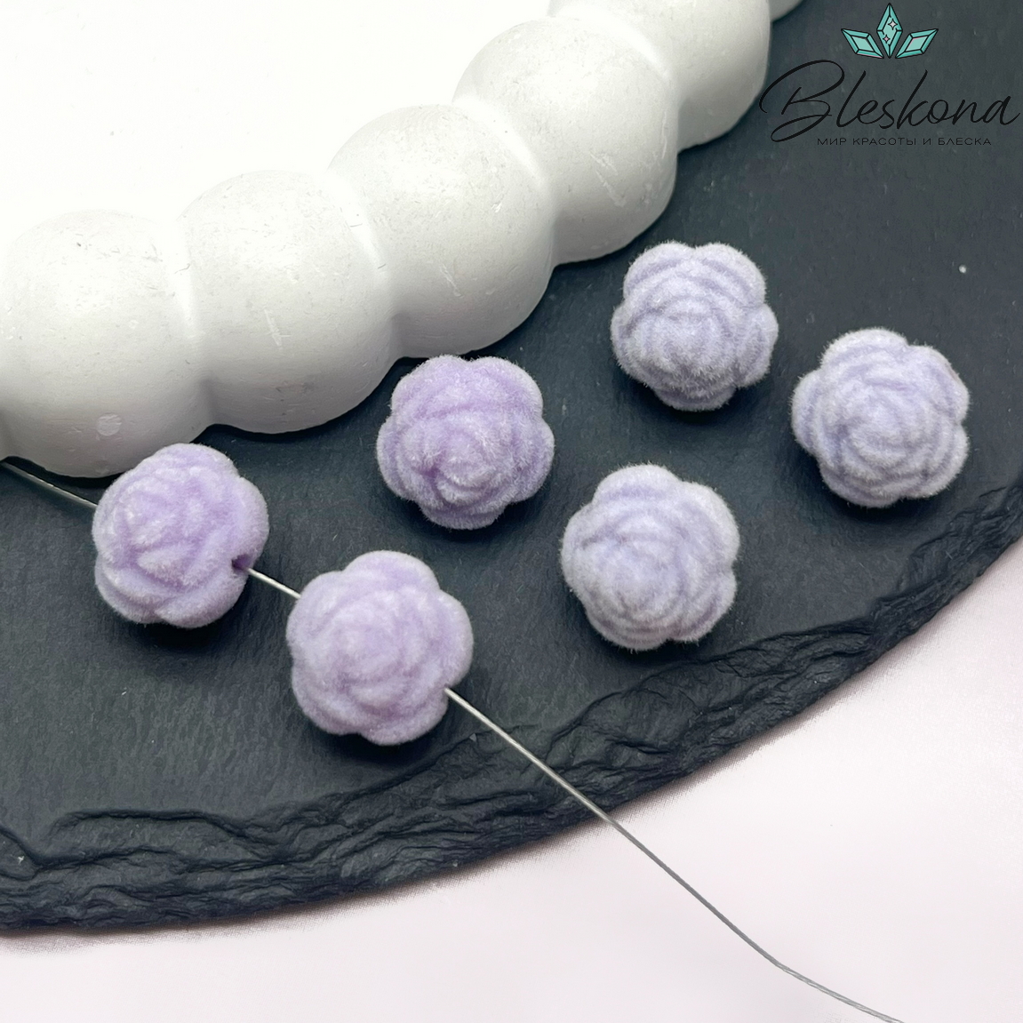 12мм Бархатная бусина Цветок - Роза, Цвет сиреневый