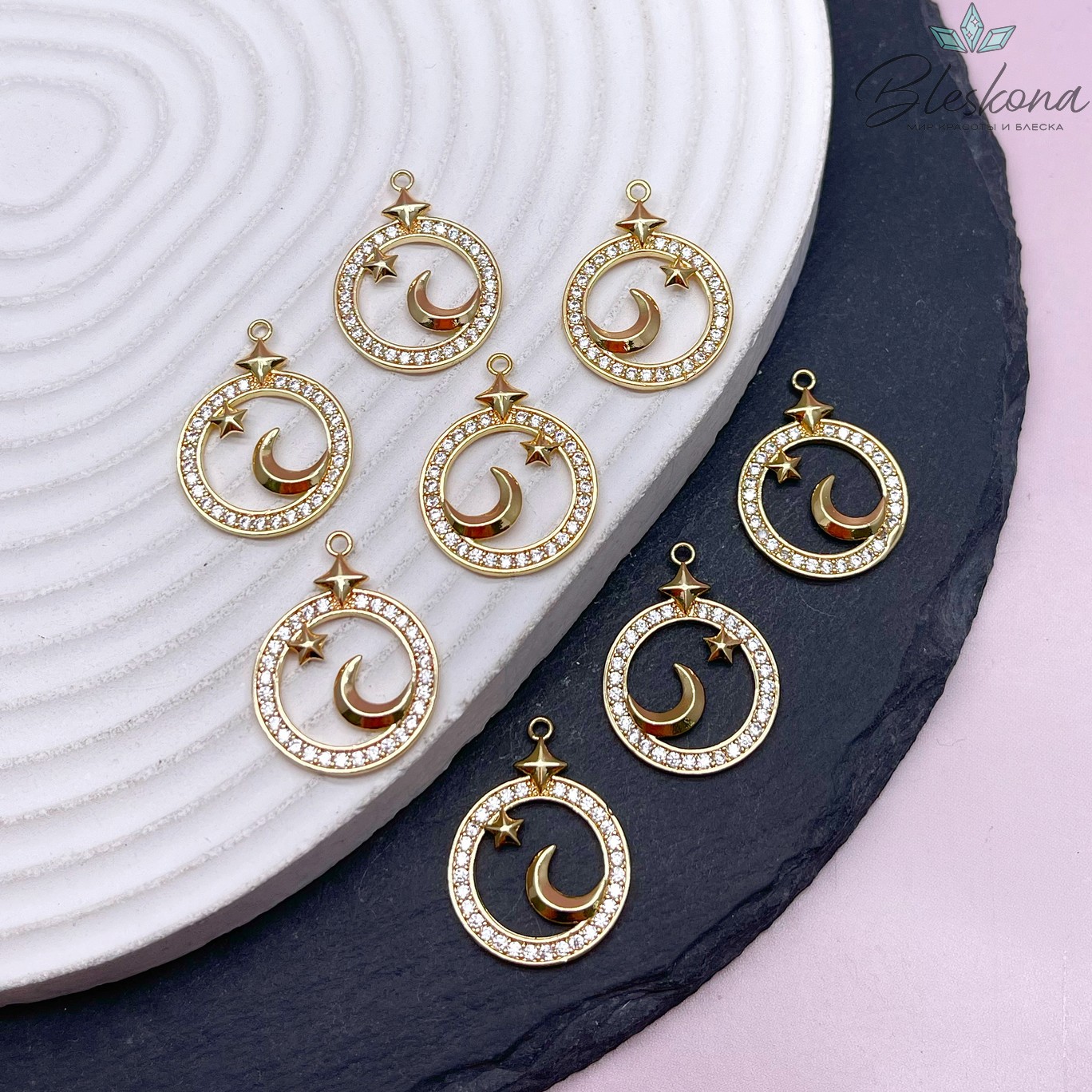 18мм, Цвет золото, Подвеска луна и звезда цирконы 