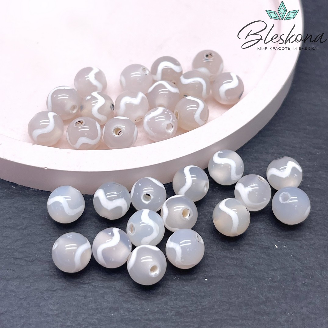 Бусина Дзи Волна серо-белый шар 8 мм уп.15 шт.