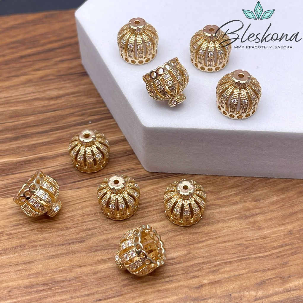 10,3*10,7 мм Цвет золото, Концевик корона мини с цирконами 