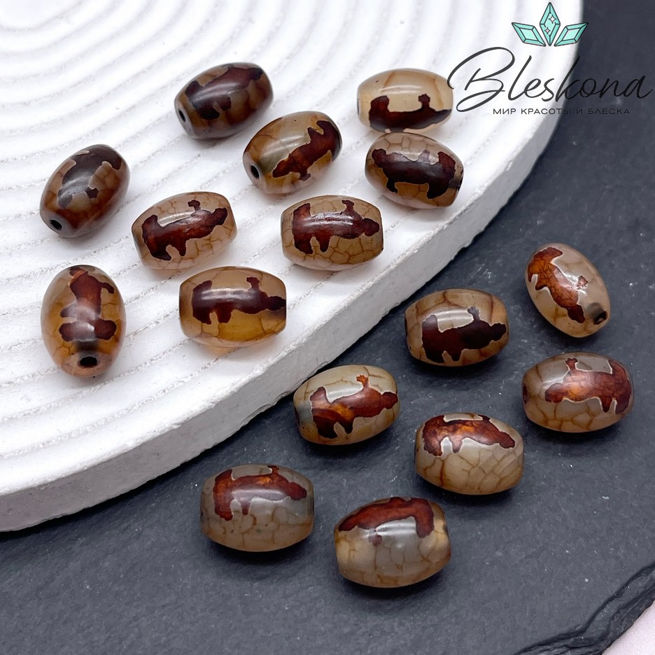 Бусина Дзи Гуань Инь серо-коричневый бочонок 10*14 мм