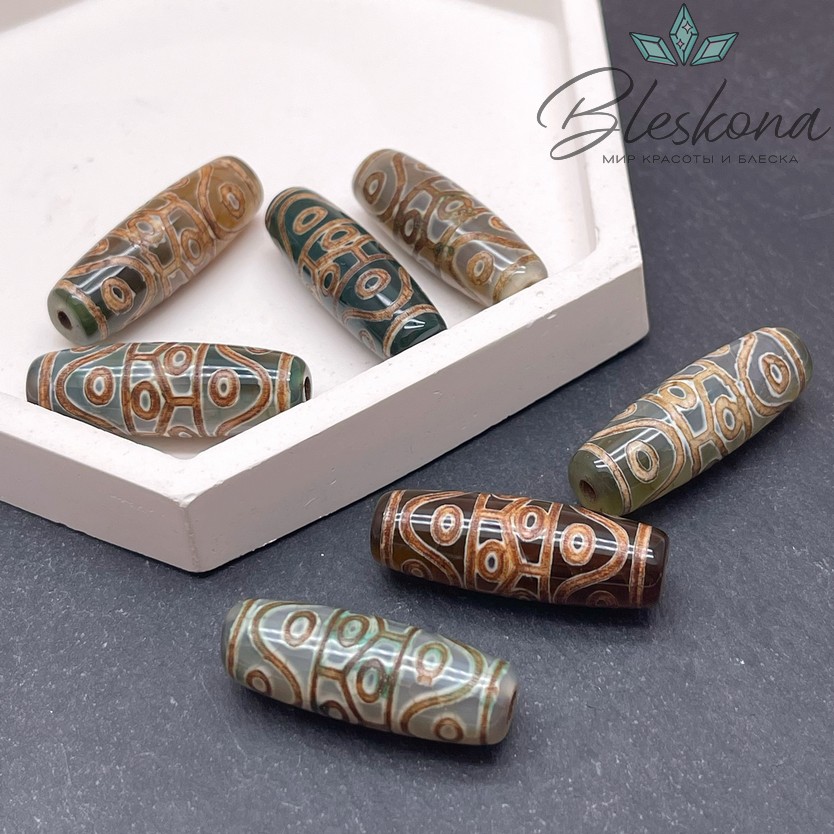 Бусина Дзи 14 глаз зелено - коричневый бочонок 30*11 мм