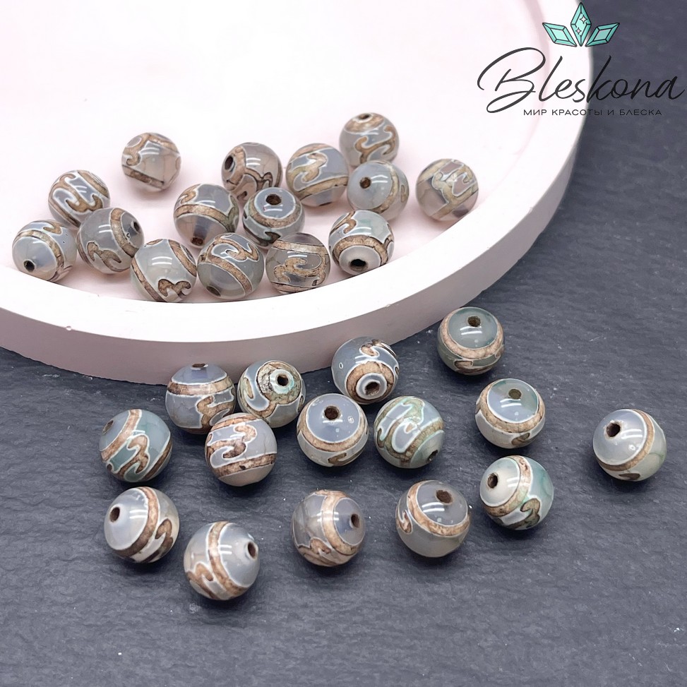 Бусина Дзи Зеленая тара зелено-коричневый шар 8 мм уп.15 шт