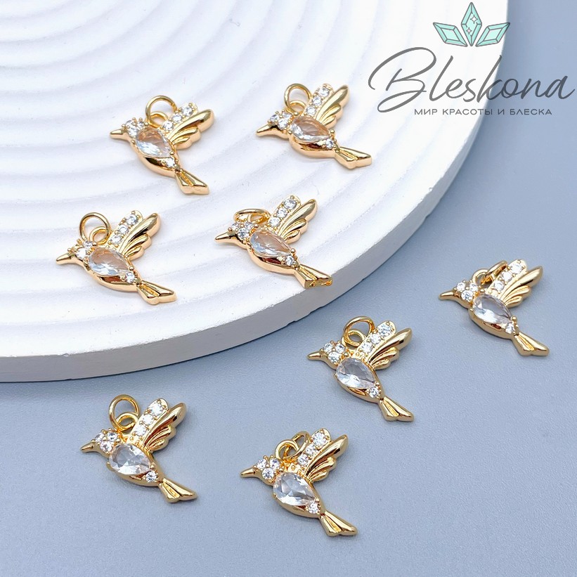 16*16 мм Цвет золото, Подвеска Колибри с белым цирконом