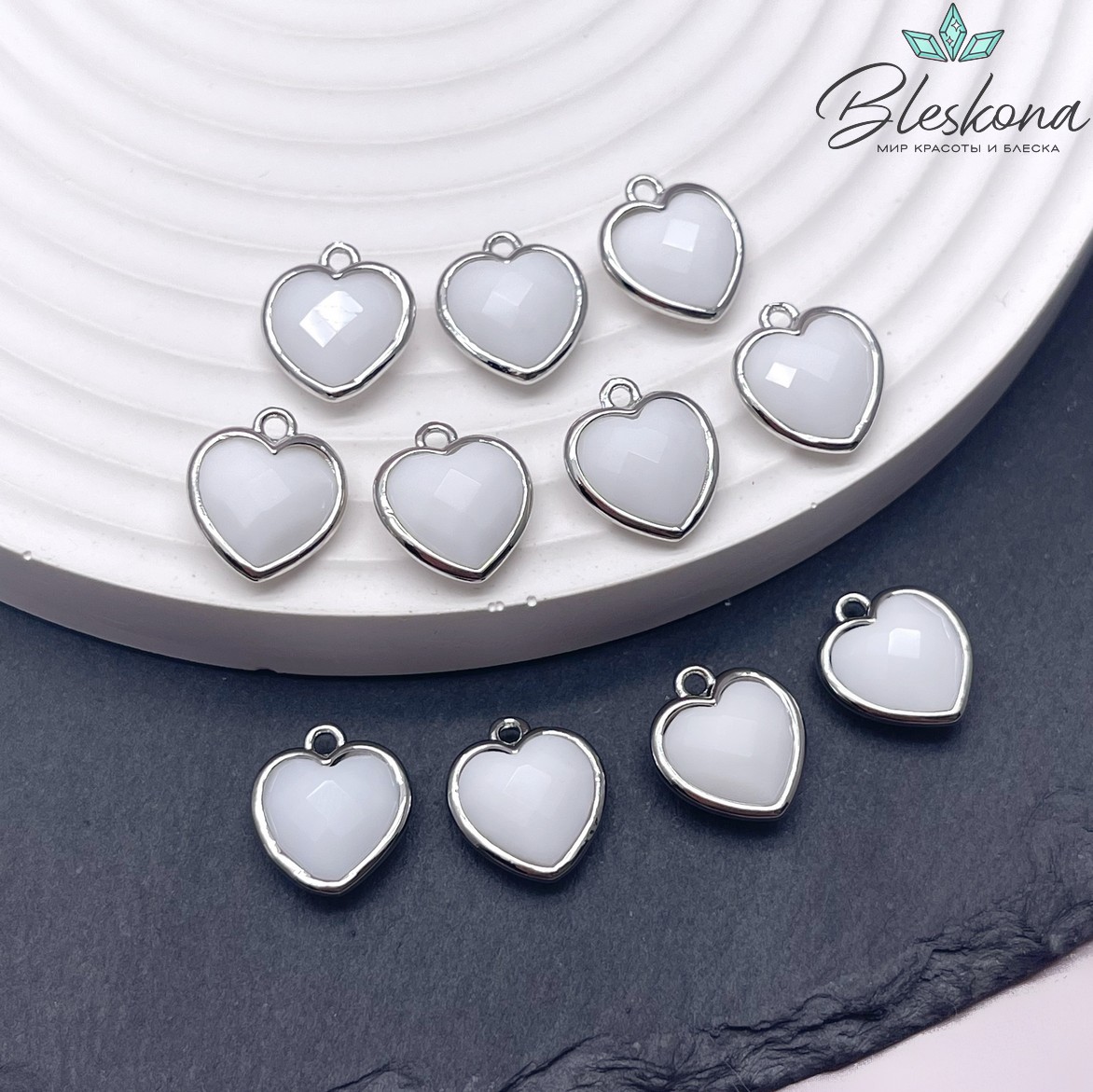 12*13мм,Цвет серебро,Подвеска Сердце Агат белый имитация огранка