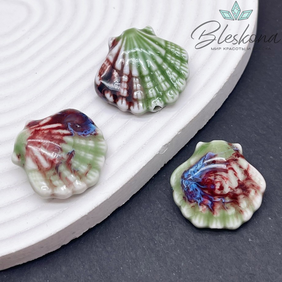 27*25 мм Керамика Бусина ракушка зелено- фиолетовая 