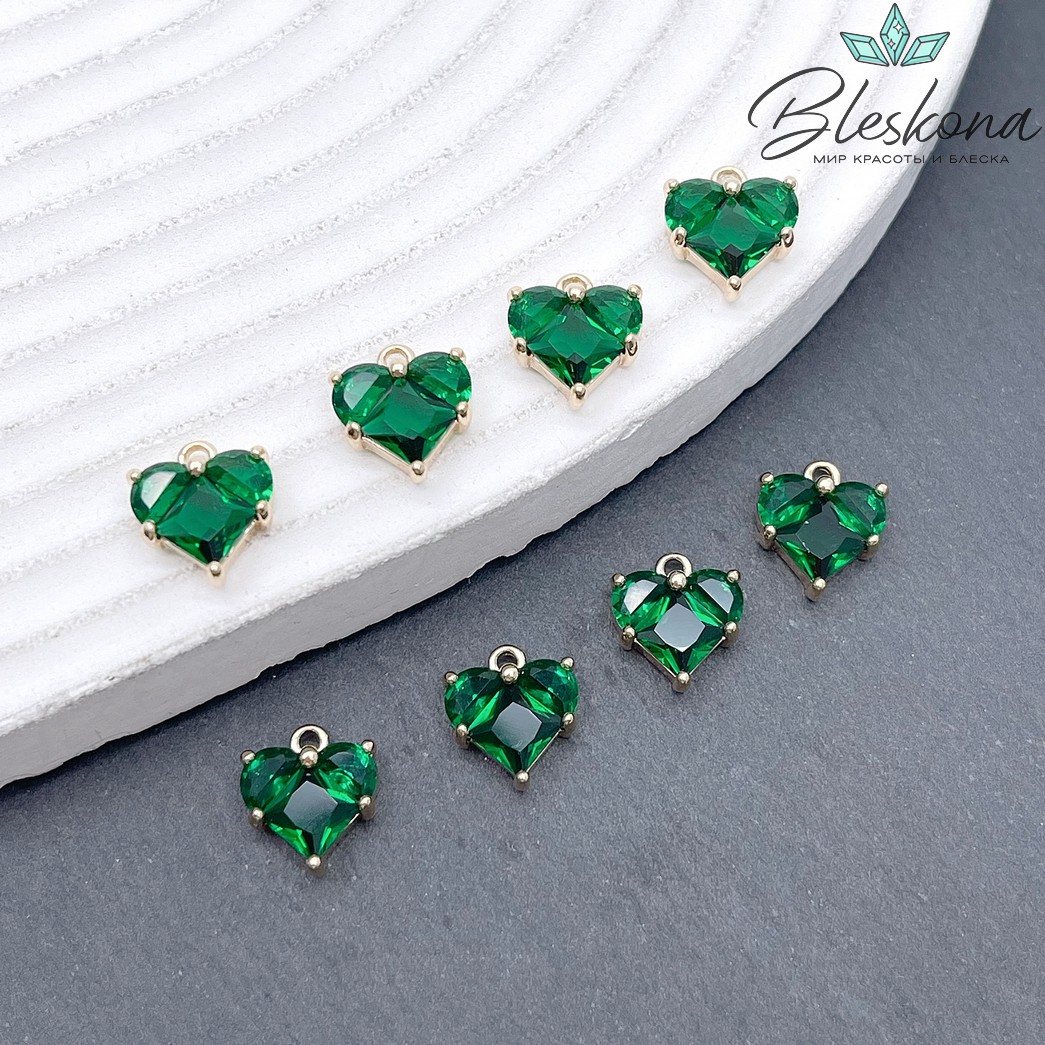 10*9,5 мм Цвет золото, Подвеска Сердце зеленые цирконы