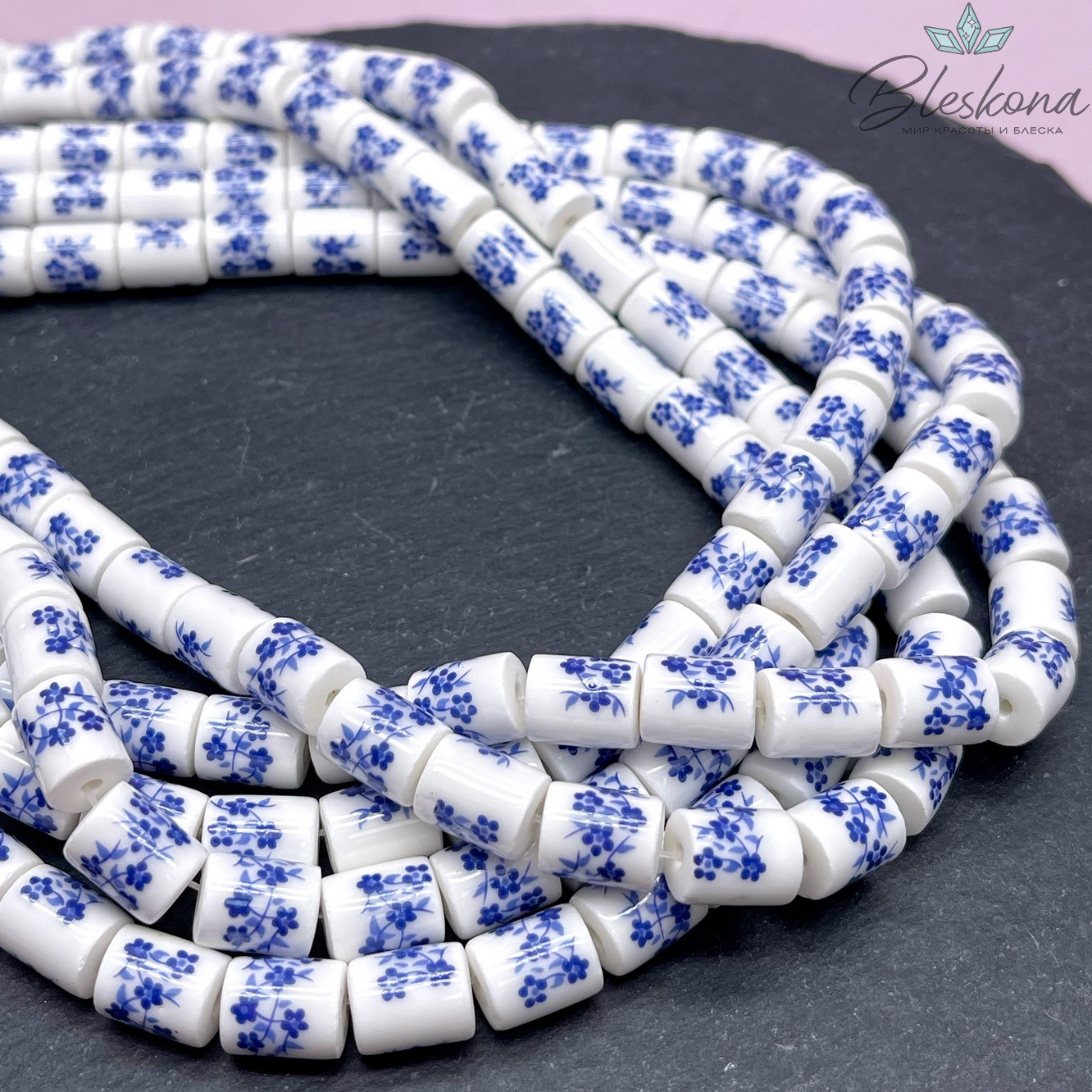 10,5*8,5 мм Керамика Бусина цилиндр роспись гжель №2 