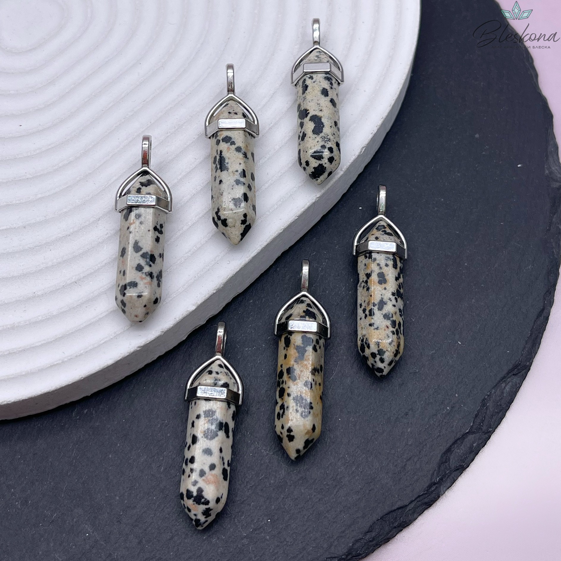 42*9 мм Цвет серебро, Подвеска маятник Яшма далматиновая