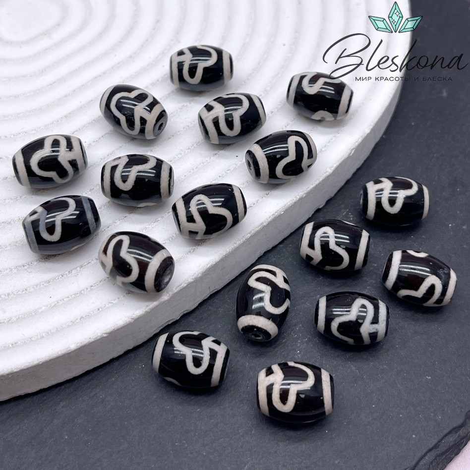 Бусина Дзи Бодха черно-белый бочонок 10*14 мм