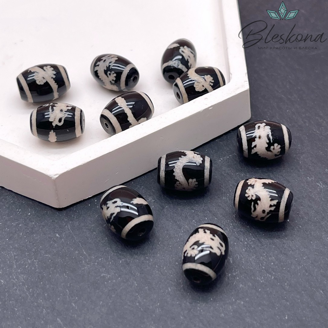 Бусина Дзи Дракон черно-белый бочонок 10*14 мм