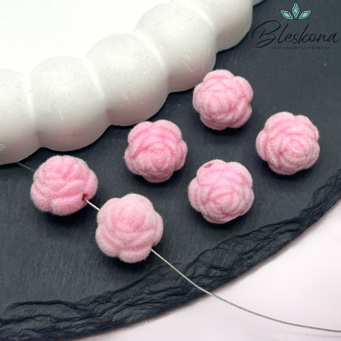 12мм Бархатная бусина Цветок - Роза, Цвет нежно-розовый