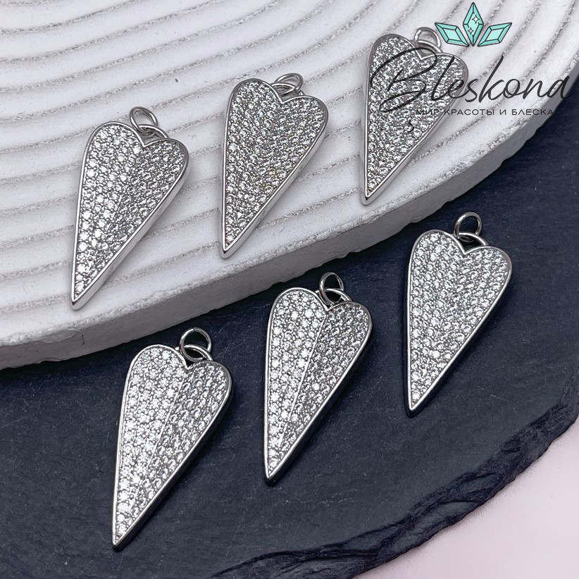29*15 мм Цвет серебро, Подвеска Сердце с цирконами 