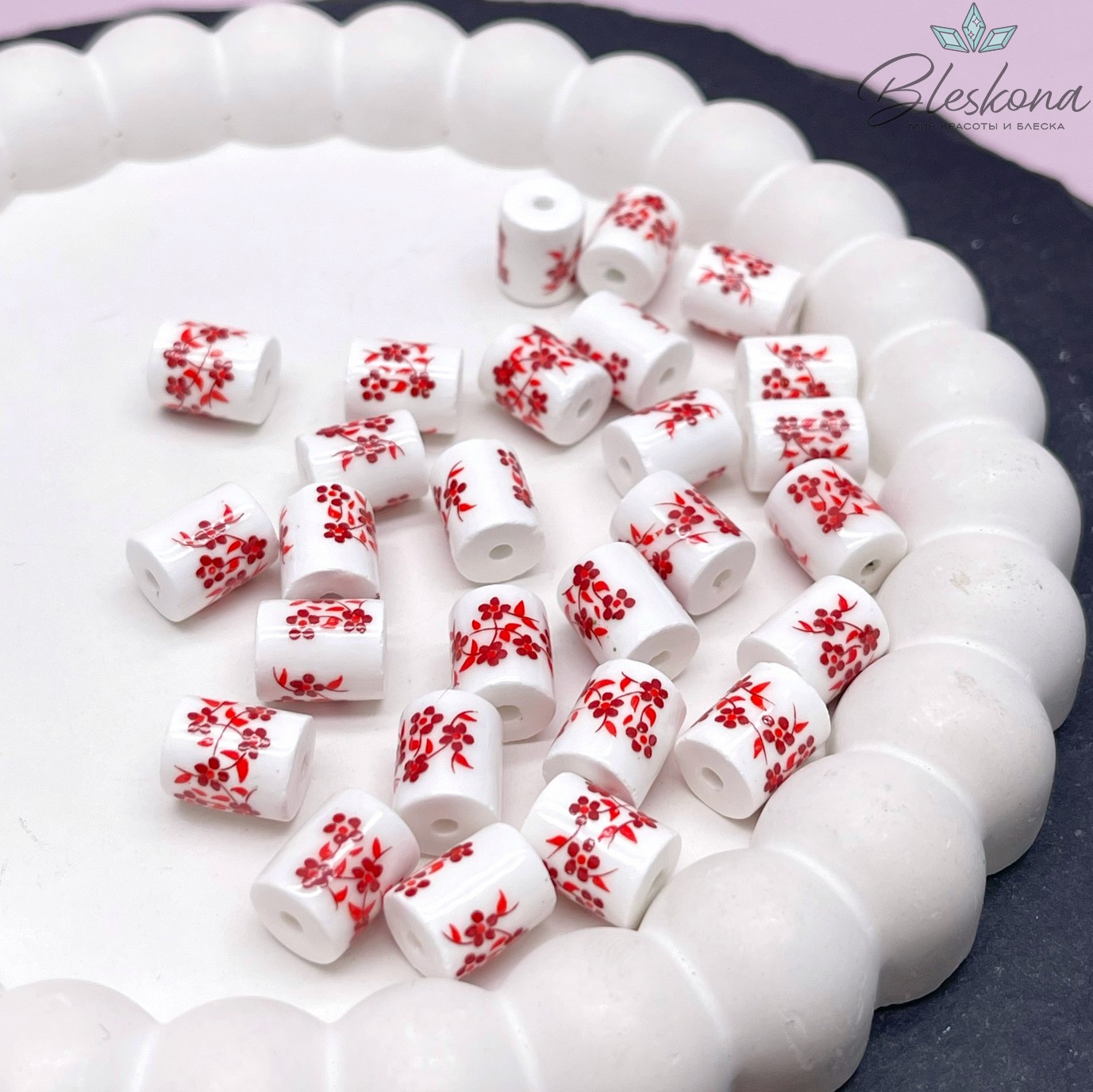 10,5*8,5 мм Керамика Бусина цилиндр роспись гжель №10 (штучно)