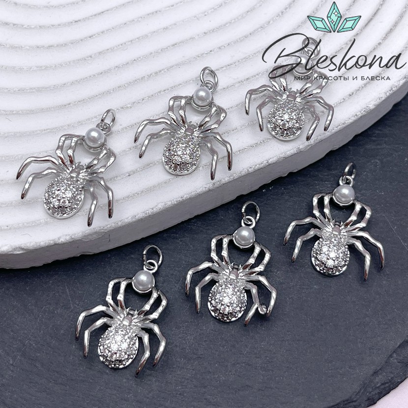 22,5*17,5 мм Цвет серебро, Подвеска Паук с цирконами 