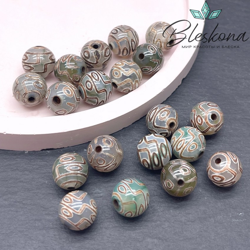 Бусина Дзи 9 глаз зелено-коричневый шар 10 мм уп.10 шт.