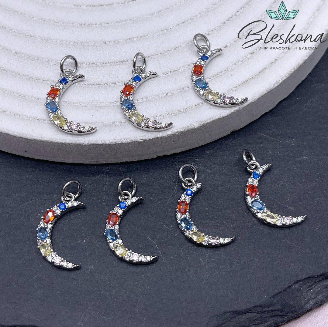 17,5*10 мм Цвет серебро, Подвеска полумесяц цветные цирконы