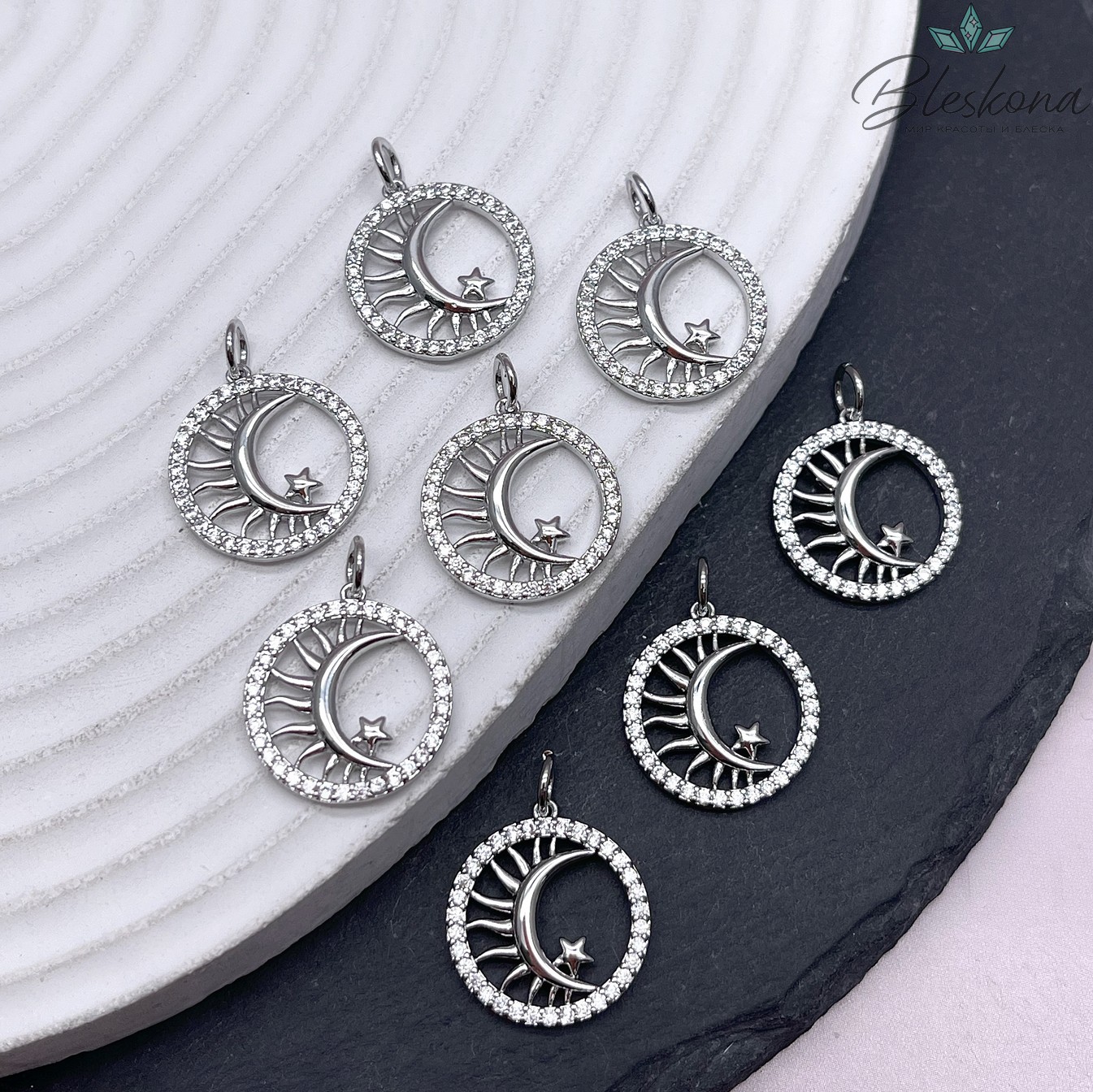 17,5*16 мм Цвет серебро, Подвеска солнце, луна, звезда цирконы