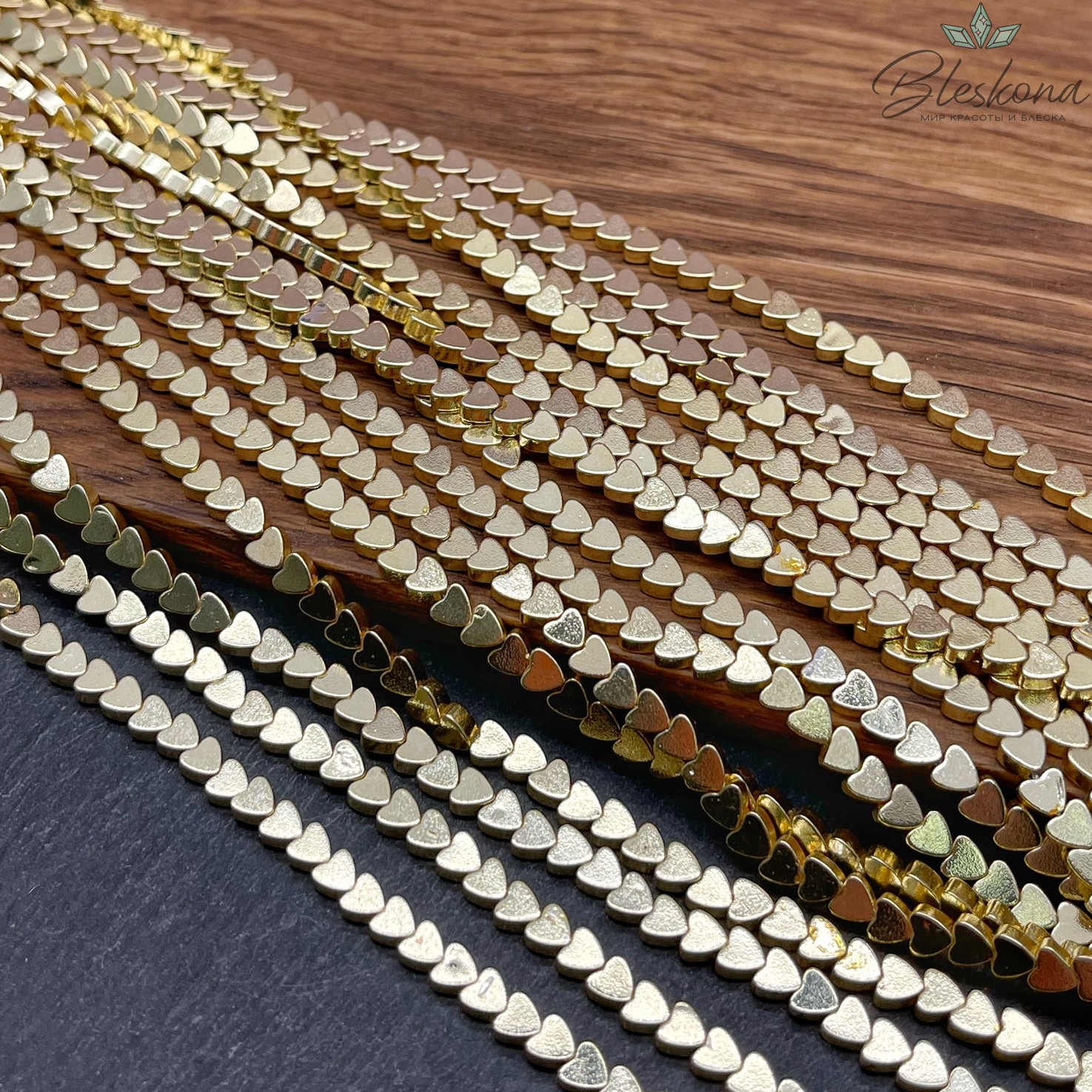 4 мм Гематин, цвет светлое золото, сердце плоское имитация УЦЕНКА