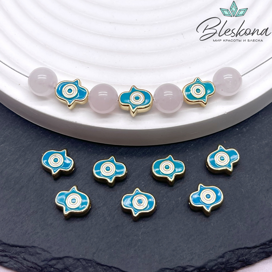 9,5*9 мм Цвет золото, Бусина рука Фатимы голубая эмаль
