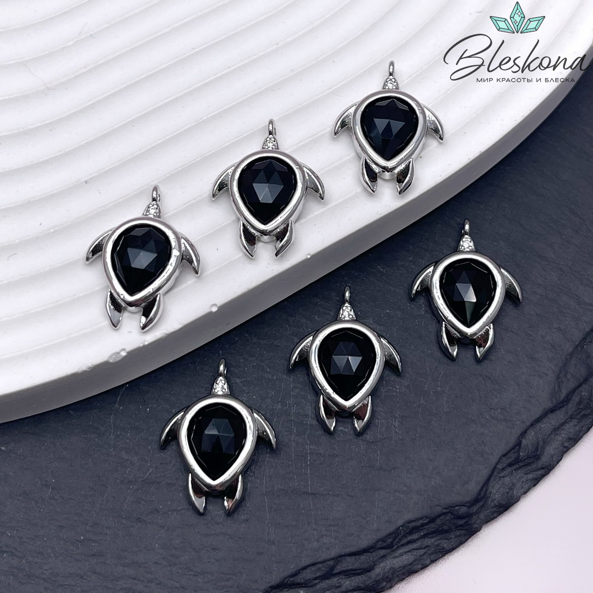 19*15 мм, Цвет серебро, Подвеска Черепаха Черный Агат