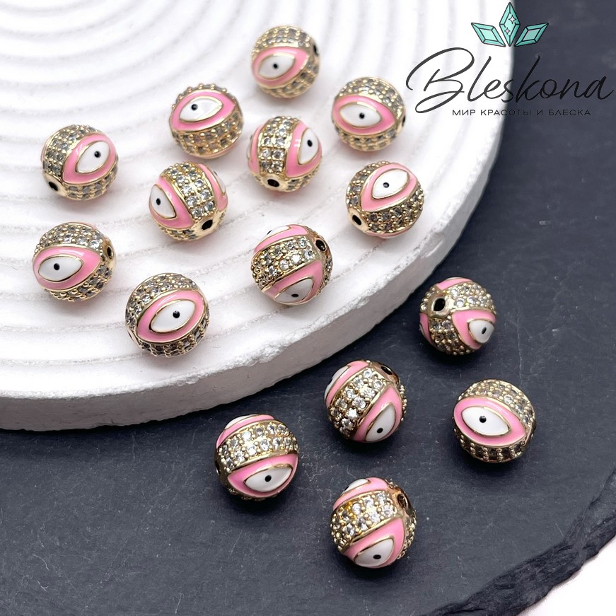 10,5 мм Цвет золото, Бусина с глазком розовая эмаль