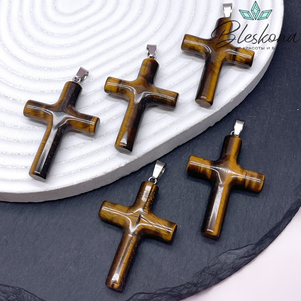 Подвеска крест Тигровый глаз, цвет серебро 43*29 мм