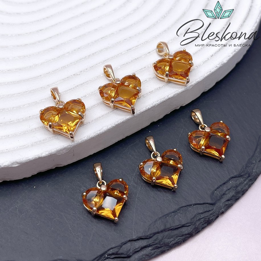 14,5*14 мм Цвет золото, Подвеска Сердце оранжевые цирконы 