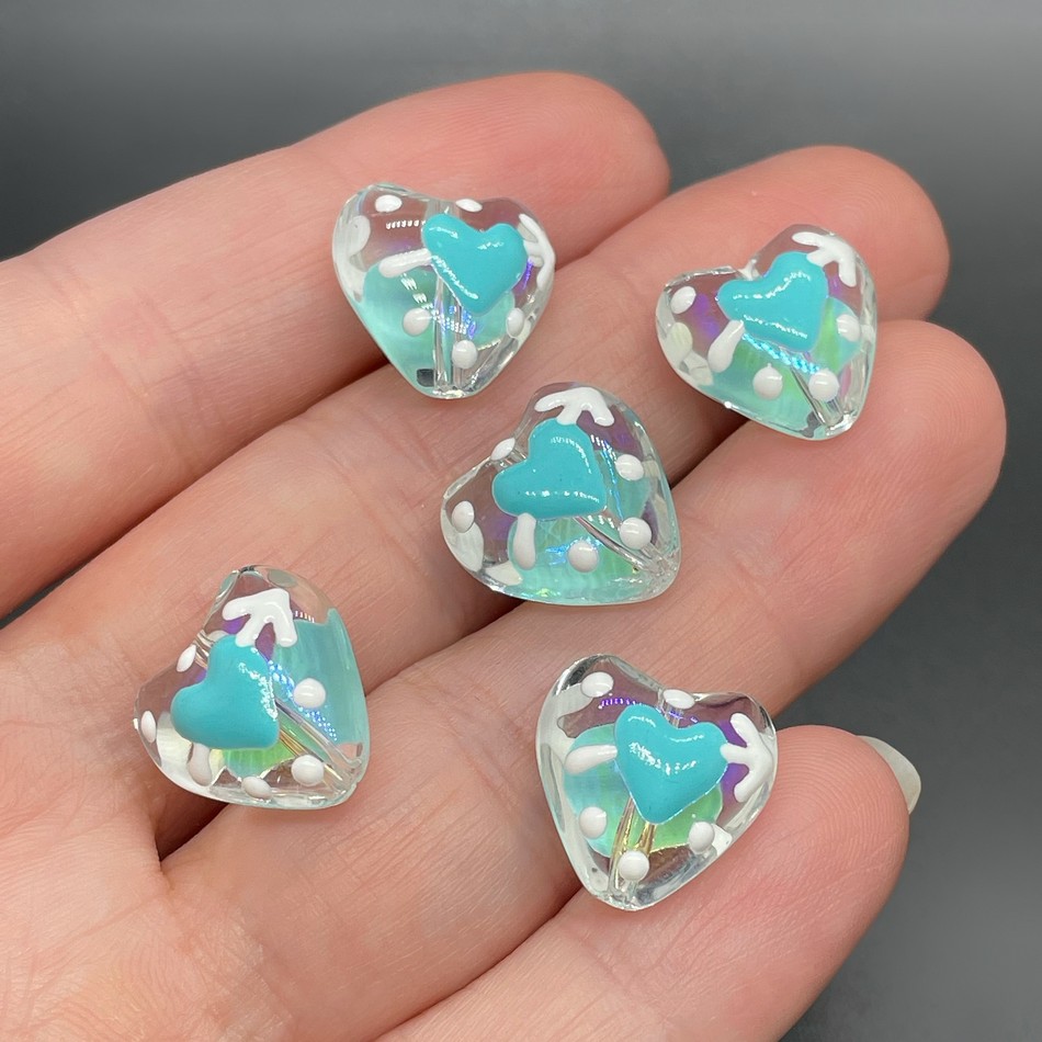 13,5 мм, Стекло бусина сердце с бирюзовым сердечком стрела  уп.5 шт