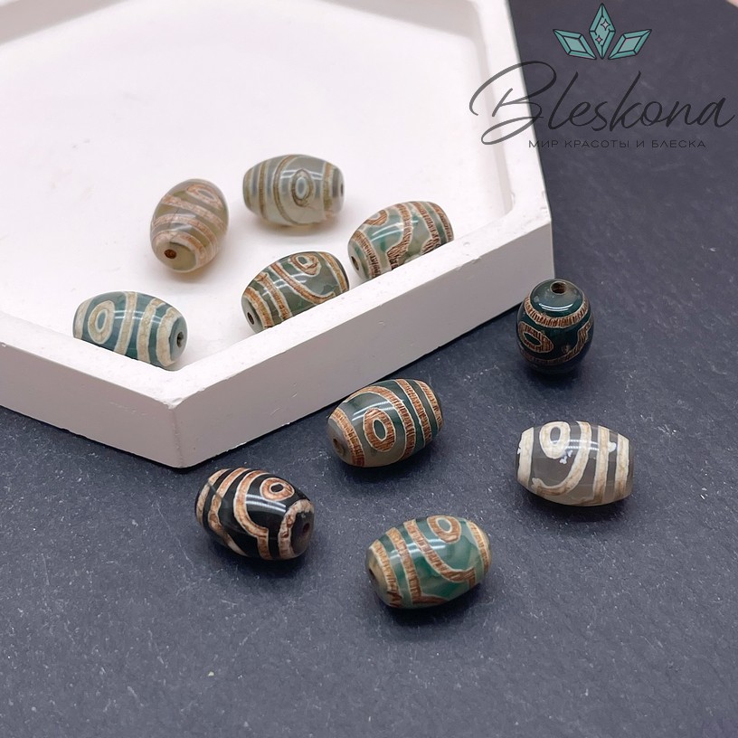 Бусина Дзи 2 глаза зелено-коричневый бочонок 10*14 мм