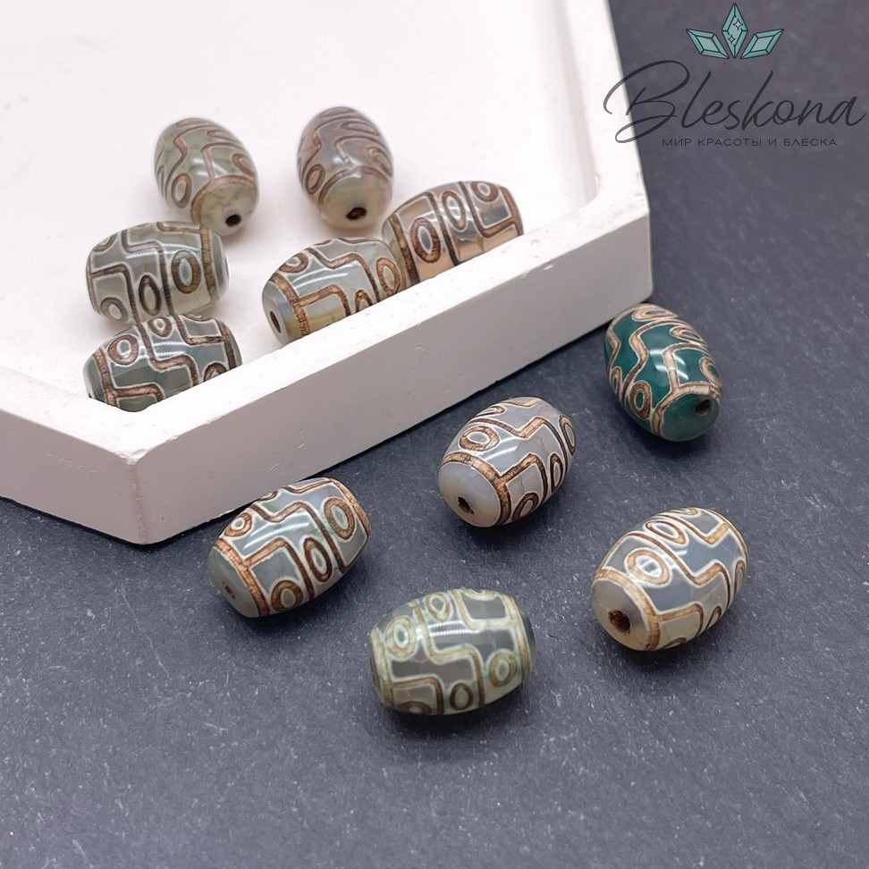 Бусина Дзи 9 глаз зелено-коричневый бочонок 14*10 мм